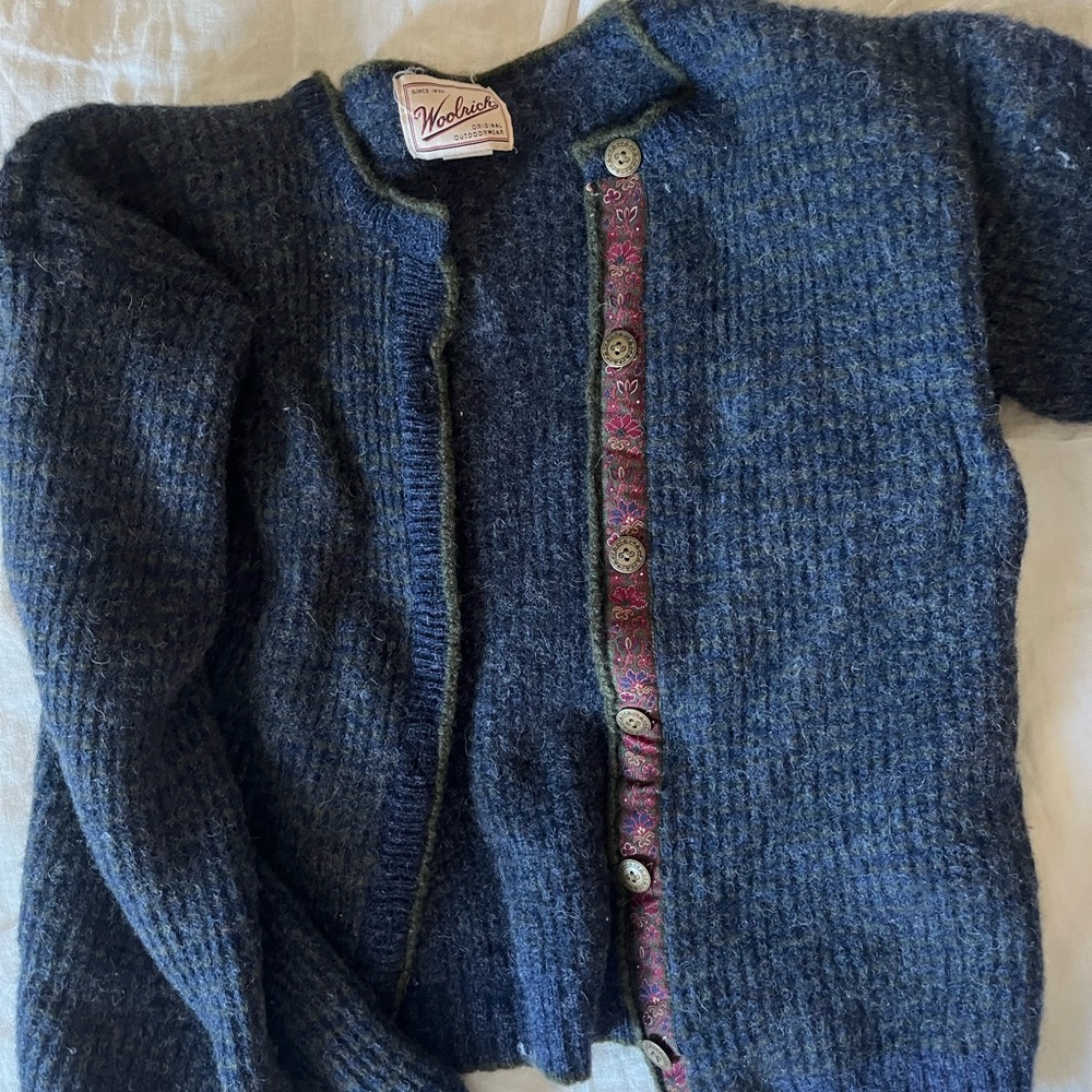 Woolrich Blue Wool Cardigan with Floral Trim